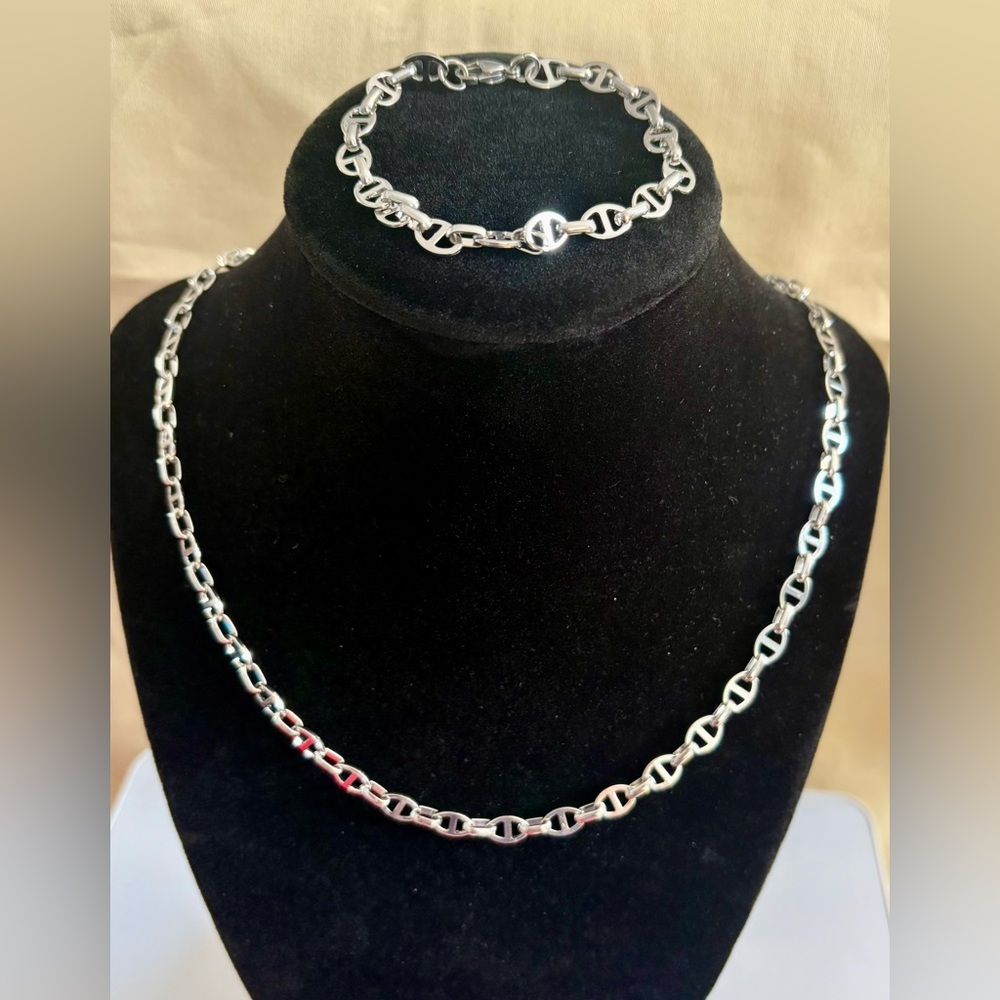 Elegant 18k Plated over Stainless Steel Silver Tone Necklace and Bracelet Set!